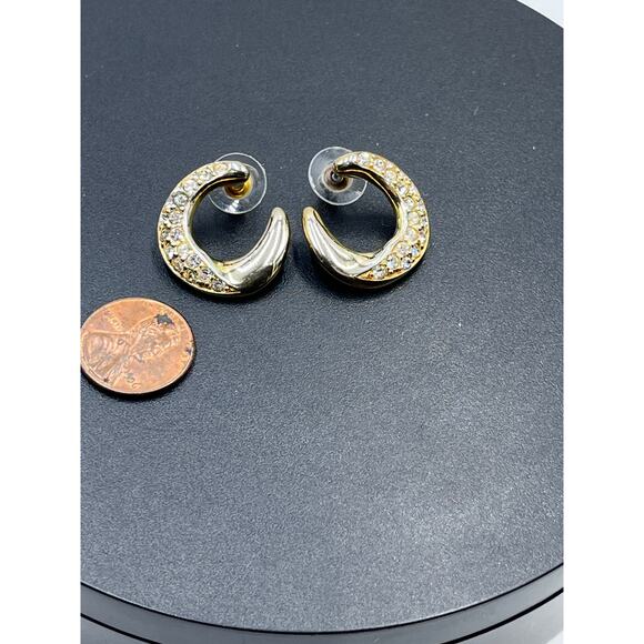 Swarovski Signed Vintage Gold Plated C Shaped Clear Crystal Pierced Earrings - Picture 7 of 8